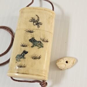 Japanese INRO FROG Dragonfly Pendant Scrimshaw Hand Carved